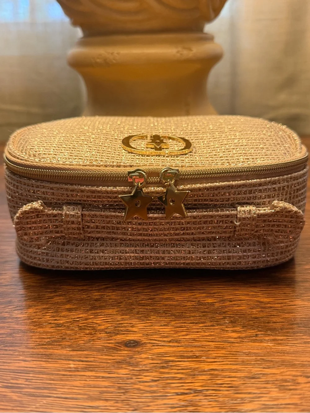 Dior Elegant Beige Glitter Cosmetic Pouch with Star Charm